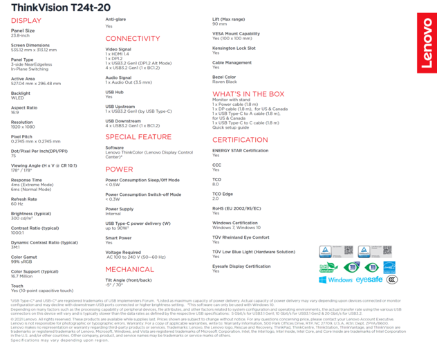 Lenovo ThinkVision T24t-20 - Especificaciones. (Fuente: Lenovo)