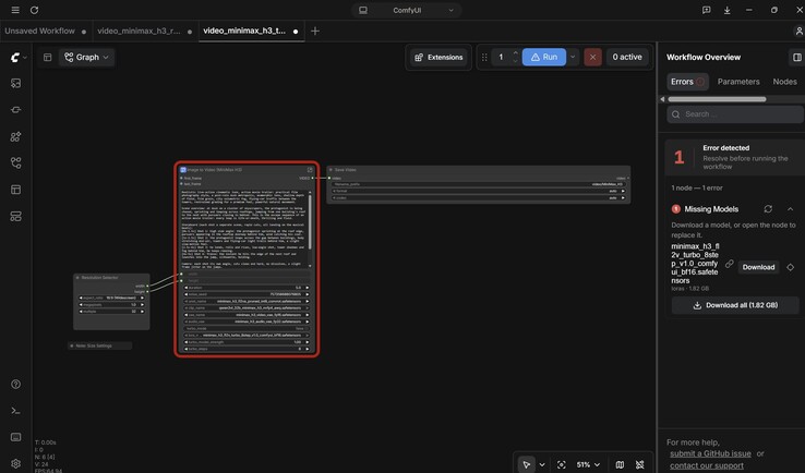 El caso más sencillo, de texto a vídeo: un nodo para seleccionar la resolución, seguido del nodo principal con la IA de vídeo y, por último, la salida de vídeo, incluido el formato.