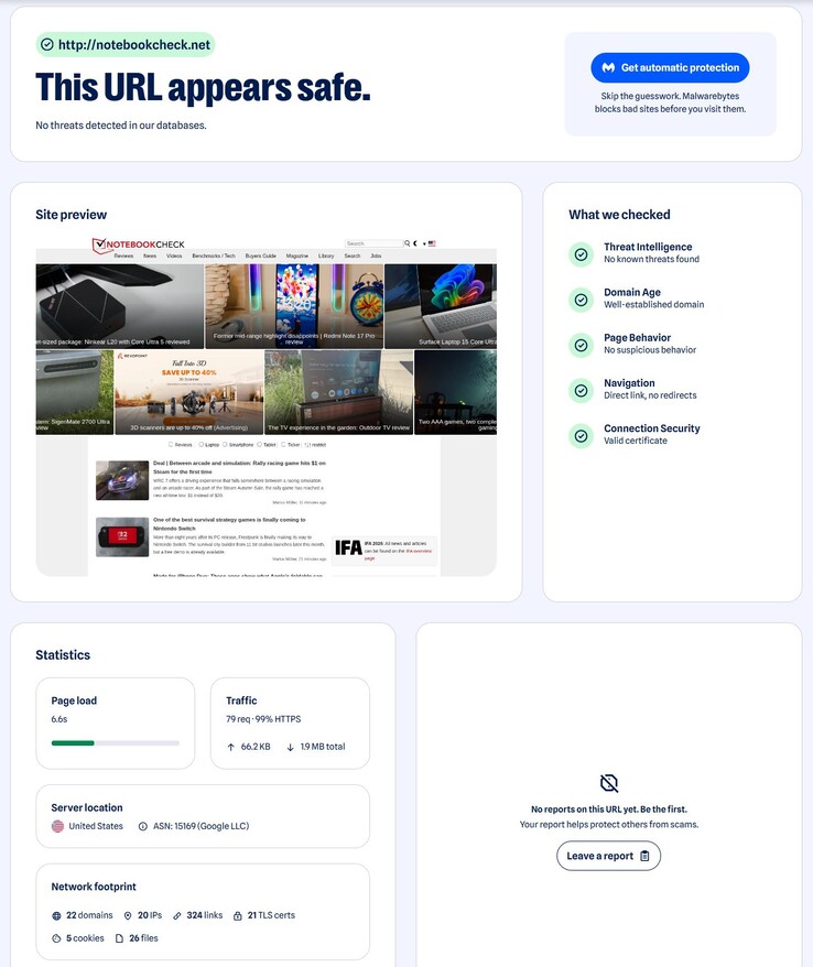 Notebookcheck.net parece ser seguro - uf, ¡qué suerte!