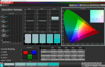 Barridos de saturación de CalMAN (espacio de color objetivo sRGB), perfil de color: Gentil, cálido