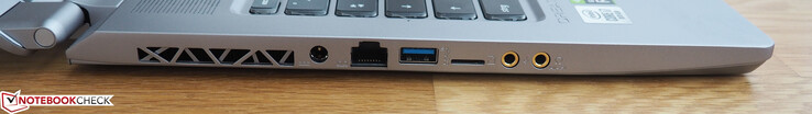 Lado izquierdo: alimentación, RJ45 LAN, USB-A 3.0, microSD, micrófono, auriculares