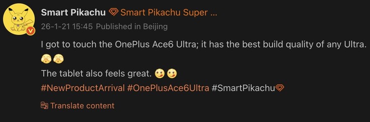 OnePlus Ace 6 Ultra fuga de tipster inteligente Pikachu. (Fuente de la imagen: Weibo - machine translated)
