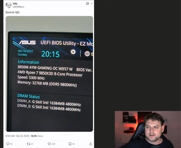 Captura de pantalla de la BIOS que supuestamente muestra un sistema AMD Ryzen 7 9850X3D funcionando con 32 GB de memoria DDR5-9800, compartida por la cuenta X @9550pro (Fuente de la imagen: @9550pro / X)