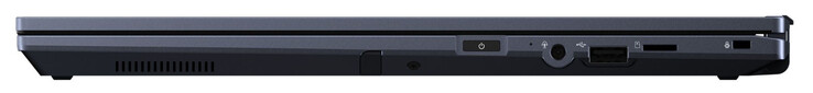 Lado derecho: Lápiz óptico activo, botón de encendido, combo de audio, USB 2.0 (USB-A), lector de tarjetas de memoria (MicroSD), ranura para un cable de bloqueo