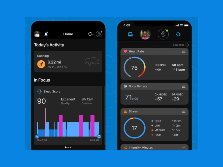 Capturas de pantalla en las que se comparan las versiones nueva (izquierda) y antigua (derecha) de la pantalla de inicio de la aplicación Garmin Connect. (Fuente de la imagen: Garmin)