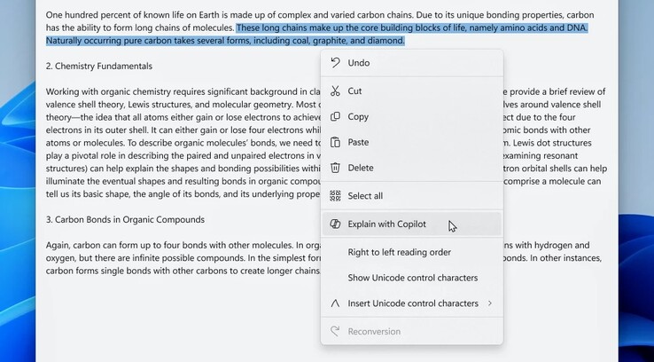 Captura de pantalla de la versión 11.2401.25.0 del Bloc de notas . Copilot puede activarse directamente desde el menú contextual. (blog de Windows)