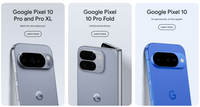 La gama Pixel 10. A excepción del pliegue, el Pixel 10 estándar y el 10 Pro más pequeño son casi idénticos tanto en construcción como en especificaciones, pero llevan una diferencia de precio de 200 dólares (Fuente de la imagen: Google)