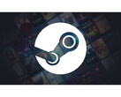 Una imagen promocional de Steam con un gran logotipo de la plataforma en el centro sobre fondo negro difuminado con varias carátulas de títulos de juegos fuera de foco. (Fuente de la imagen: Steam)