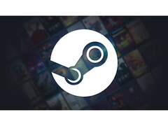 Una imagen promocional de Steam con un gran logotipo de la plataforma en el centro sobre fondo negro difuminado con varias carátulas de títulos de juegos fuera de foco. (Fuente de la imagen: Steam)