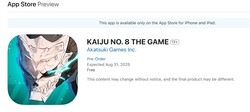 Kaiju No. 8: El listado de la Game App Store muestra el 31 de agosto de 2025 como fecha provisional de lanzamiento (Fuente de la imagen: Apple App Store)