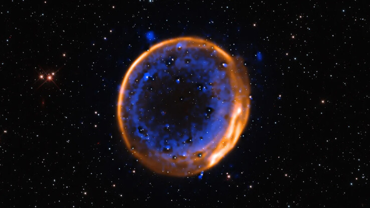 Imagen de la supernova de doble detonación SNR 0509-67.5 vista por el VLT. (Fuente de la imagen: ESO/P. Das et al. Estrellas de fondo (Hubble): K. Noll et al.)