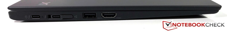 Lado izquierdo: USB Type-C Thunderbolt 3 x2, conexión de base (integrada con el segundo puerto USB Type-C), USB Type-A 3.0, HDMI 1.4b