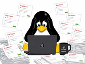 Un pingüino al estilo de Tux abrumado por los informes de errores generados por la IA que inundan el espacio de trabajo de un desarrollador de Linux.