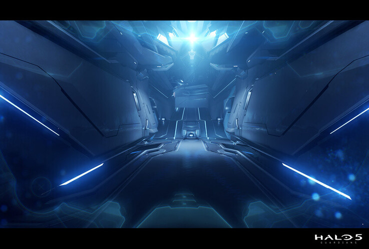 Esta escena de pasillo de Halo 5: Guardians utiliza una simetría nítida, acentos luminosos y una perspectiva profunda para crear una elegante atmósfera futurista.