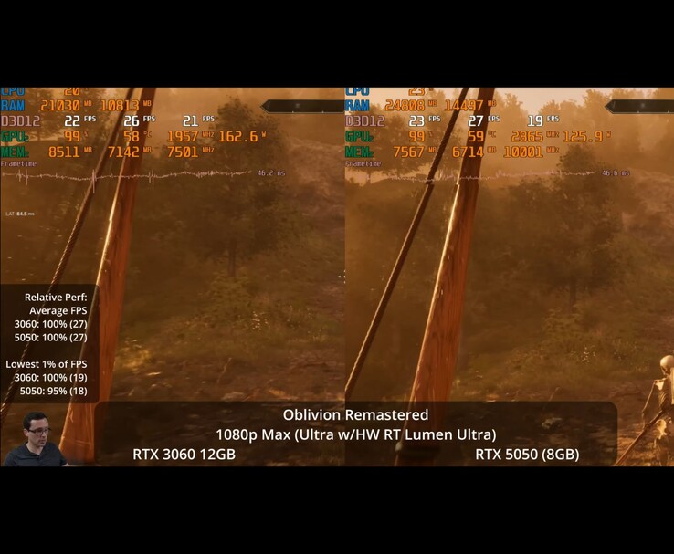 RTX 3060 de 12 GB y RTX 5050, mostrando FPS, uso de la GPU, memoria y estadísticas de frametime (Fuente de la imagen: Daniel Owen)