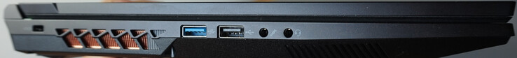 Izquierda: bloqueo Kensington, USB-A (5 Gbit/s), USB-A (0,5 Gbit/s), micrófono, auriculares