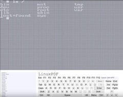Captura de pantalla de la consola de LinuxPDF ejecutando el comando 'ls' mientras se ejecuta Linux dentro de un archivo PDF. (Fuente de la imagen: Ading2210 en Github)