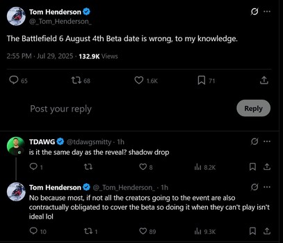Respuesta de Tom Henderson a la filtración de la hora de inicio de la beta abierta de Battlefield 6 (Fuente de la imagen: captura de pantalla, cuenta X de Tom Henderson)