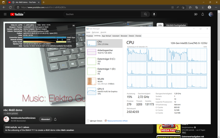 reproducción 4K en YouTube: pocas caídas de fotogramas y alta utilización de ~60% en el Intel Xe G7 80EUs