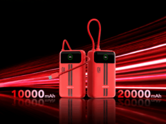 Dos baterías externas Honor Life rojas con pantallas integradas y cables USB-C incorporados