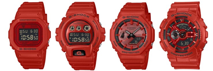De izquierda a derecha: los relojes Casio G-Shock DW5600RRB-4, DW6900RRB-4, GA2100RRB-4A y GA110RRB-4A. (Fuente de la imagen: Casio, editado)