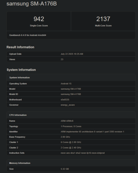 Galaxy Listado de Geekbench del A17 (fuente de la imagen: Geekbench)