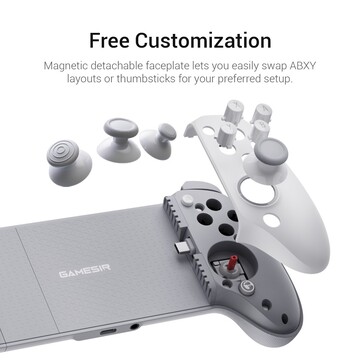 La GameSir G8 Plus MFi tiene una placa frontal extraíble, para que los usuarios puedan personalizar los thumbsticks y los botones ABXY. (Fuente de la imagen: GameSir)