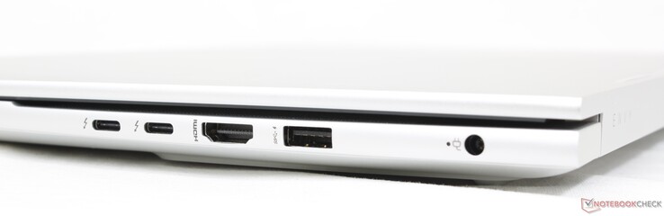 Derecha: 2x USB-C con Thunderbolt 4 + DisplayPort 1.4, HDMI 2.1, USB-A 10 Gbps, adaptador de CA
