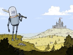 Imagen del juego Feudal Alloy que muestra a un caballero con cabeza de acuario y un castillo al fondo. (Fuente de la imagen: Steam)