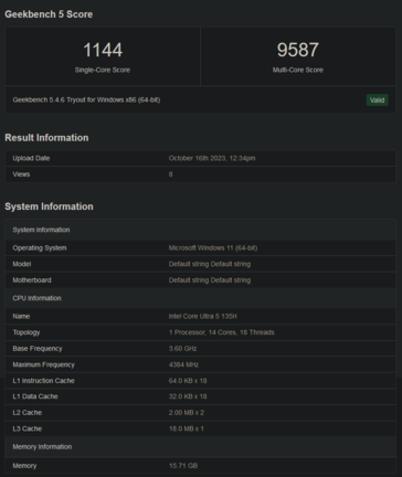 Rendimiento en Geekbench del Intel Core Ultra 5 135H (imagen vía Geekbench)