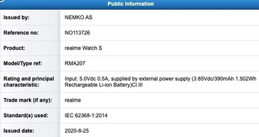 Las varias nuevas certificaciones para el Realme Watch S. (Fuente: FCC, EEC, NCC, NEMKO vía MySmartPrice)