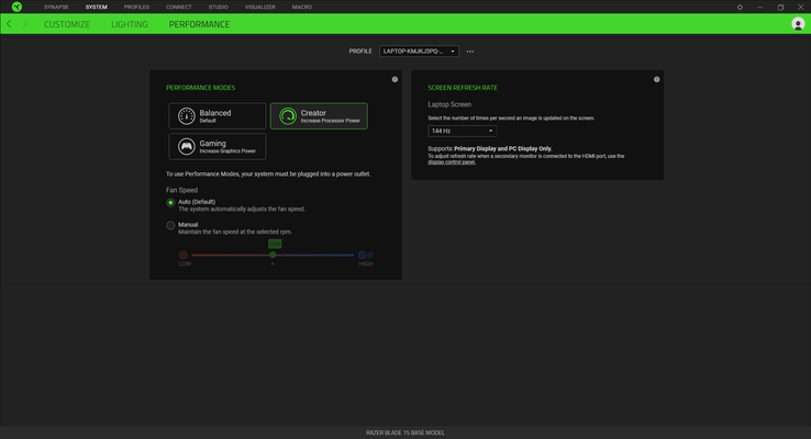 Razer ha añadido el modo Creador y el modo Juego a su lista de perfiles de rendimiento. El sistema funciona más rápido en el modo Creador