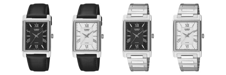 De izquierda a derecha: los relojes Casio BMS-105D-1A, BMS-105D-7A, BMS-105L-1A y BMS-105L-7A