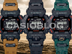 En la imagen: el Casio G-Shock GDG-B100-1 (totalmente negro), el GDG-B100-1A3 (negro con correa de camuflaje verde) y el GDG-B100-1A5 (negro con correa de arena).