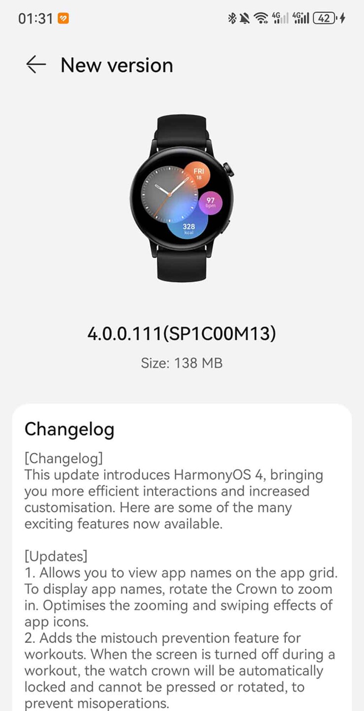 Una captura de pantalla de la versión de actualización 4.0.0.111 (SP1C00M13) para el Huawei Watch GT 3. (Fuente de la imagen: Huawei Central)