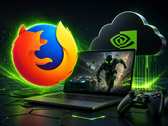 Portátil para videojuegos con un juego en la pantalla y los logotipos de las marcas GeForce Now y Firefox en la parte superior