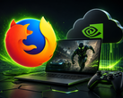 Portátil para videojuegos con un juego en la pantalla y los logotipos de las marcas GeForce Now y Firefox en la parte superior