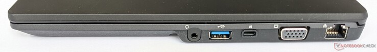 Lado derecho: toma de audio de 3,5 mm, un puerto USB-A 3.2 Gen 1, ranura de seguridad Kensington, salida VGA, puerto gigabit Ethernet