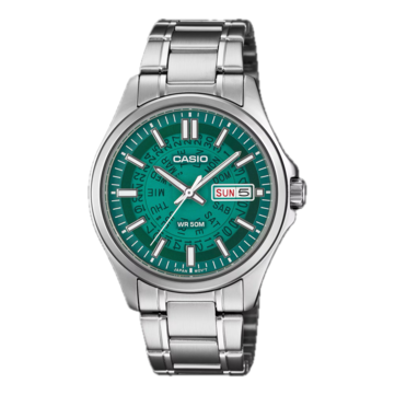 Casio /MTP-E740-3AV, con una esfera translúcida de color verde azulado brillante.