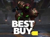 Samus de Metroid Prime 4: Beyond mostrada con el logotipo de Best Buy (Fuente de la imagen: Nintendo of America, Best Buy con modificaciones)
