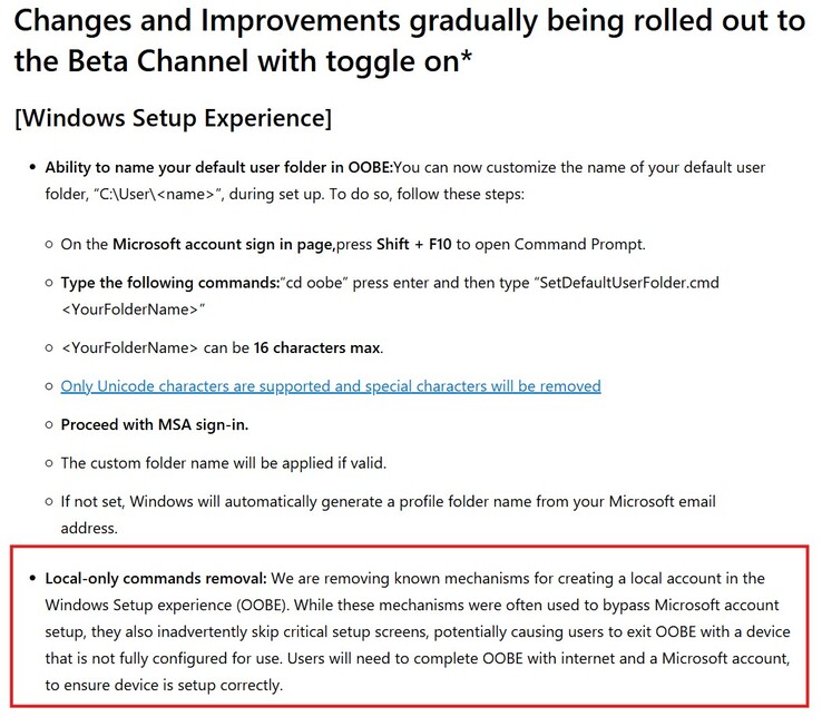La nueva restricción añadida en la build beta de Windows 11 (Fuente de la imagen: Microsoft)
