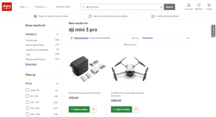 El Mini 3 Pro y el Fly More Kit estarán disponibles por un precio combinado de 1.018 libras. (Fuente de la imagen: Argos)
