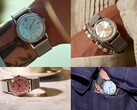 Relojes Timex x Todd Snyder Marlin Mesh con esferas plateadas, azul aguamarina y salmón con efecto rayos de sol, mostrados tanto en la muñeca como fuera de ella.