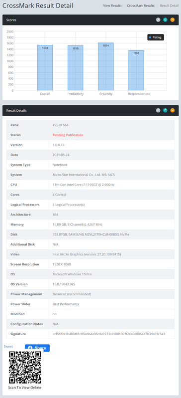 Rendimiento en CrossMark del Intel Core i7-1195G7 en un portátil MSI 14C5 sin estrenar. (Fuente: BAPCo)