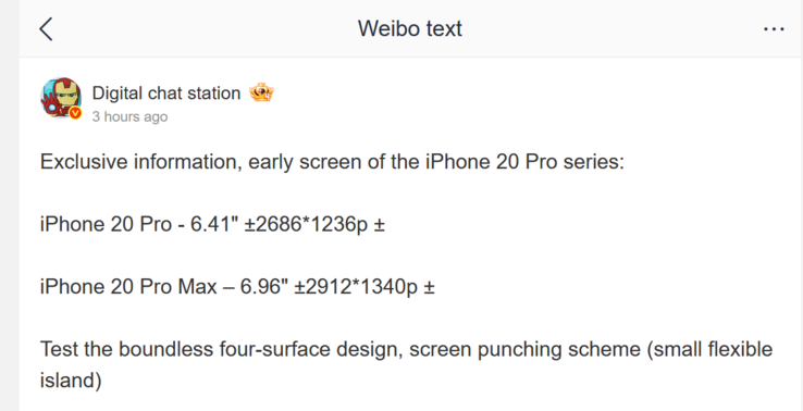 Especificaciones de la pantalla del iPhone 20 Pro y del iPhone 20 Pro Max (DCS)