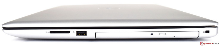 Derecha: lector de tarjetas SD 3 en 1, USB 2.0, unidad óptica, bloqueo Noble