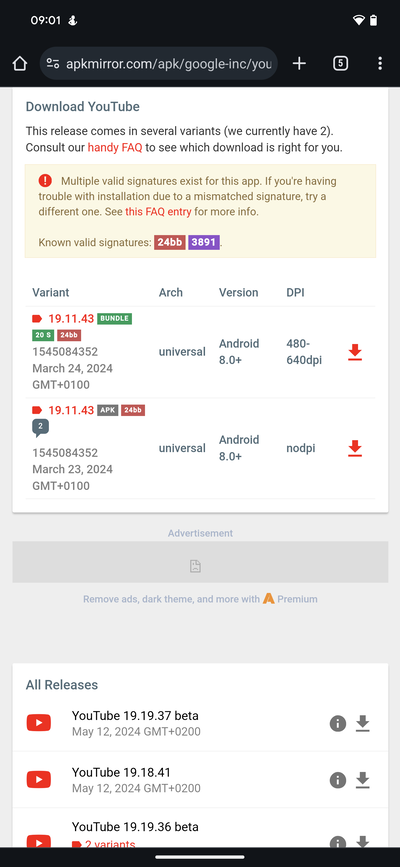 Asegúrese de descargar el APK, no el paquete, ya que Revanced sólo puede parchear el APK (Fuente: Apkmirror)