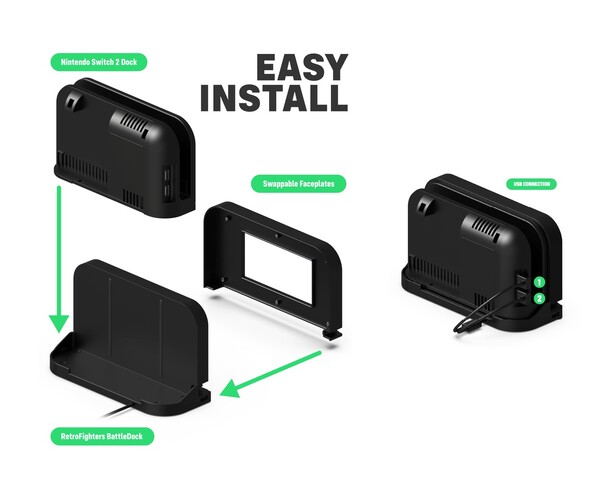 El BattleDock de Retro Fighter funciona con el dock oficial de la Nintendo Switch 2. (Fuente de la imagen: Retro Fighters/Kickstarter)