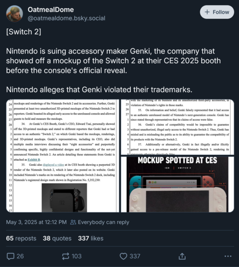 Nintendo Genki demanda a Bluesky post (Fuente de la imagen: Cuenta de OatmealDome Blusky)