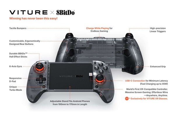 El Viture x 8BitDo Ultimate Mobile Gaming Controller tiene un puerto USB-C en la parte superior para carga passthrough. (Fuente de la imagen: Viture)